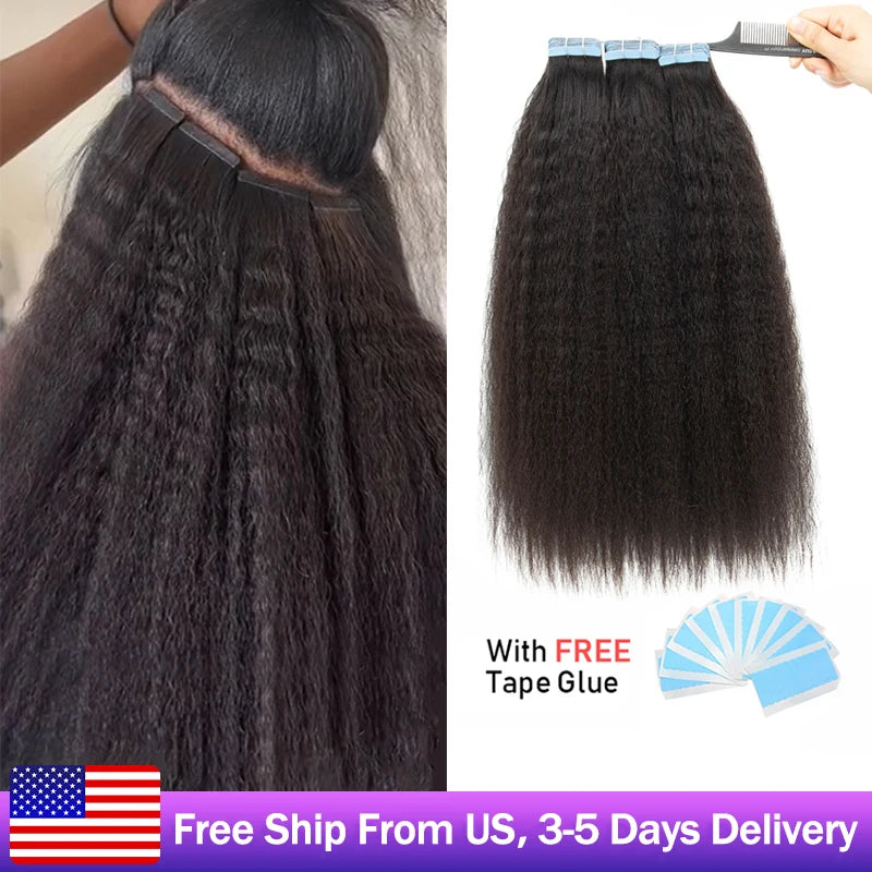 MRS HAIR Kinky Straight Tape in Extensions Tape Extensions Human Hair Cuticle Remy Yaki Tape in Hair Extensions 12-26 inch 20pcs