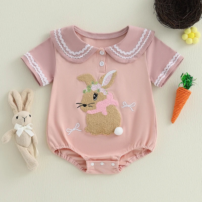 Adorable Infant Easter Jumpsuit with Sweetheart Neckline and Bunny Appliqué Short Sleeve Newborn Sailor Romper Outfit