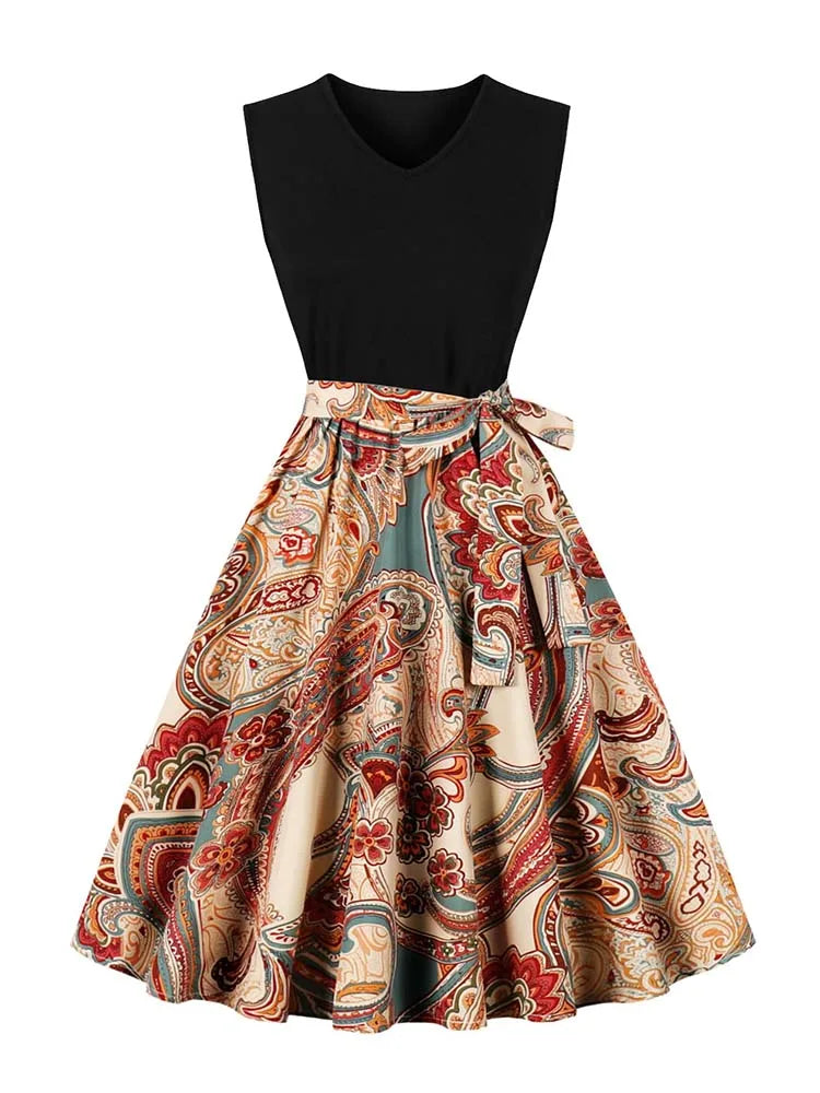 Retro Vintage Women's Summer Dress V-Neck Sleeveless High Waist Chic Floral Print with Belt 50s Style