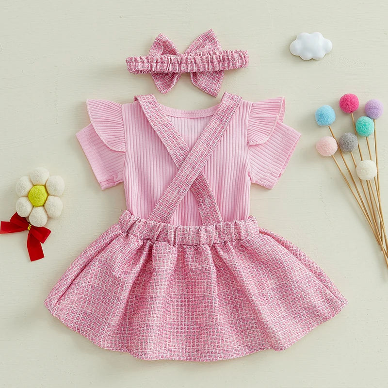 Toddler Girls 3-Piece Spring Outfits Short Sleeve Bodysuit Floral Skirt Headband Set Infant Clothes for Easter Party