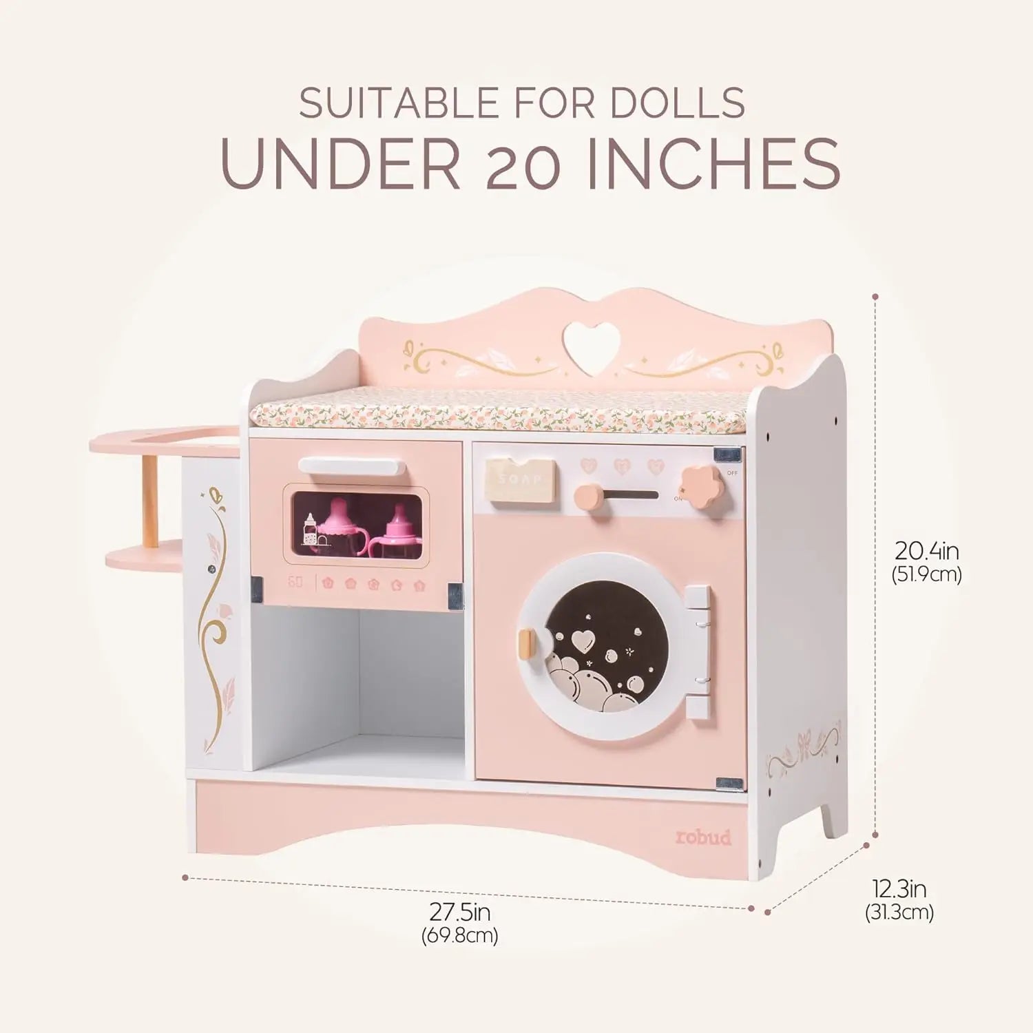 Robud Wooden 6-in-1 Baby Doll Changing Table with Baby Doll Crib Washing Machine Bottle Sterilizer Storage Area for Kids in Pink