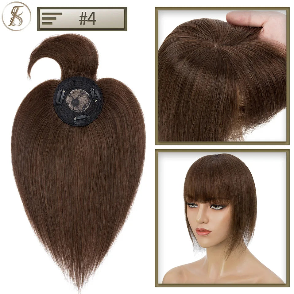 TESS Human Hair Toppers 8.5x8.5cm Women Topper 2cm Hair Vortex Natural Hair Wigs Center Crown Machine-made Hairpiece With Bangs