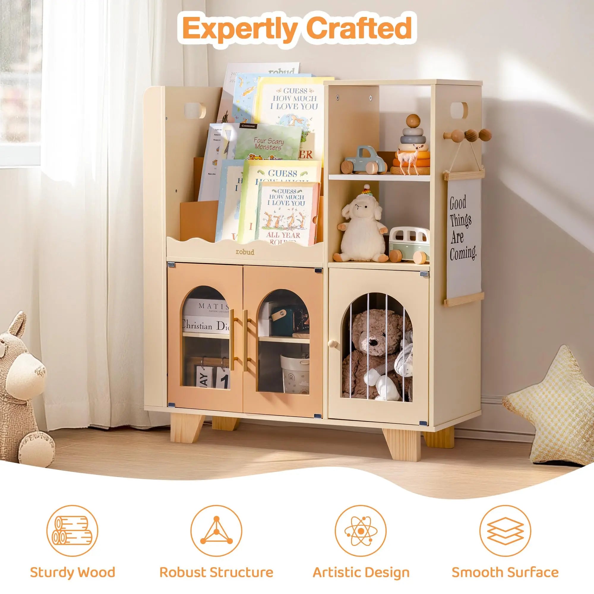 ROBOTIME ROBUD Kids Wooden Bookshelf with Storage Montessori Bookshelf Kids Bookcase Toy Storage Book Shelf for Toddlers