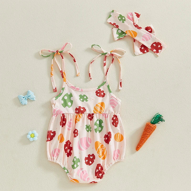 Toddler Girls Spring Floral Print Sleeveless Romper with Matching Headband Set for Easter Celebration and Playdates