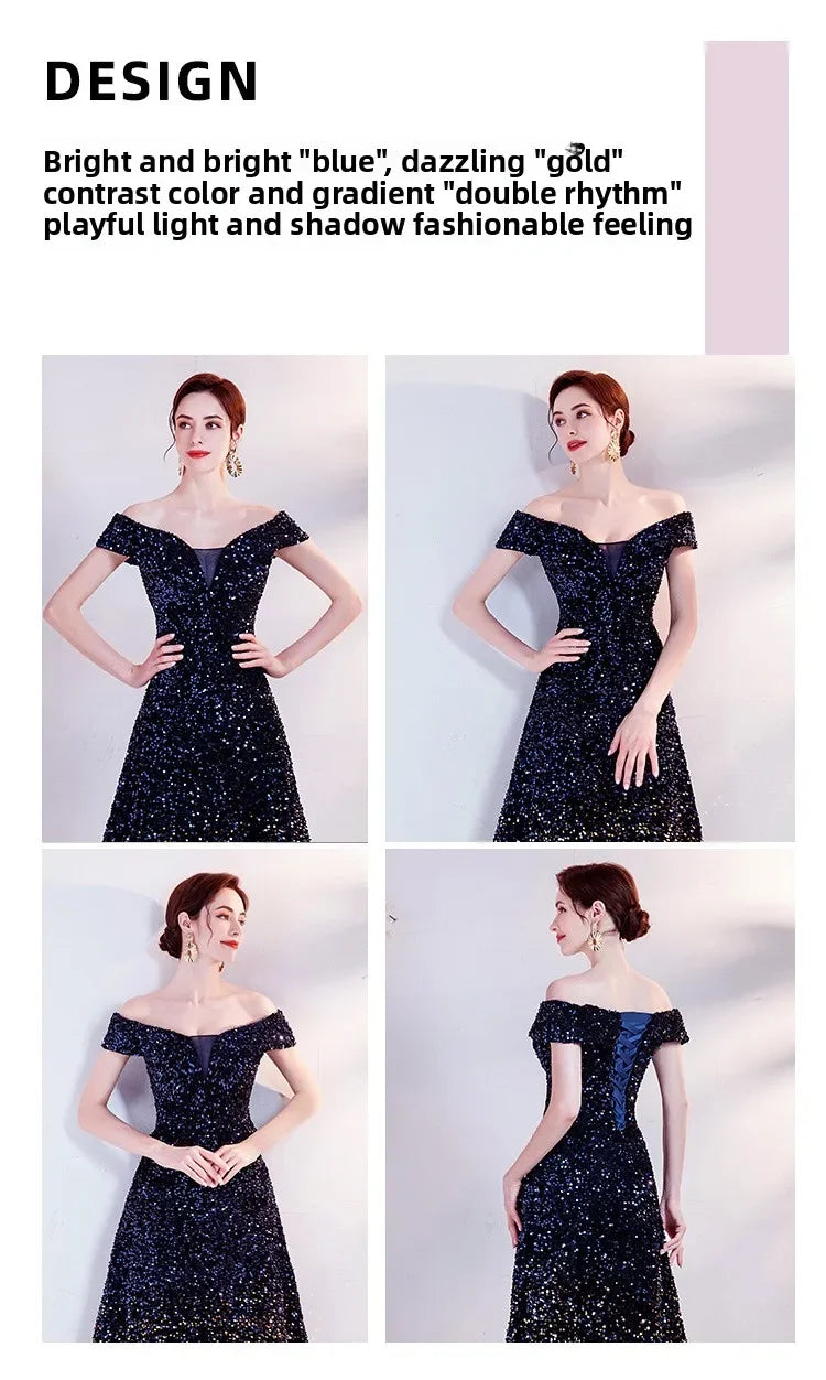One Shoulder Evening Gown New Gradient Black Annual Party Stage Performance Host Walking Fish Tail Dress for Women 2026