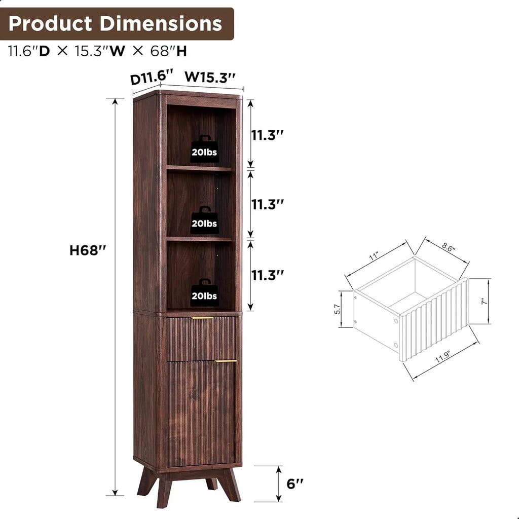 68" Tall Bathroom Narrow Storage Cabinet with Adjustable Shelf and Drawer, Curved Profile Linen Tower for Bathroom, Living Room