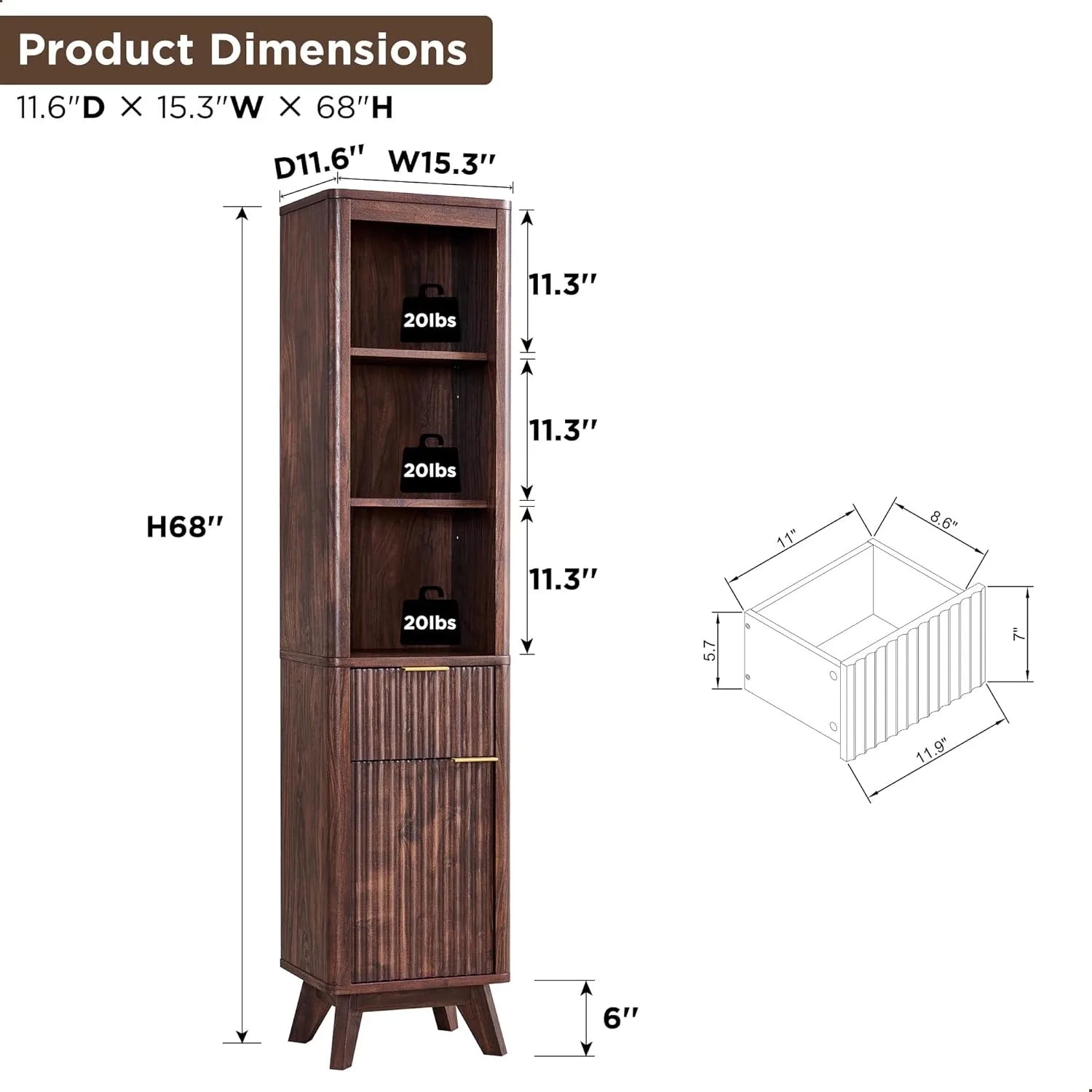 68" Tall Bathroom Narrow Storage Cabinet with Adjustable Shelf and Drawer, Curved Profile Linen Tower for Bathroom, Living Room