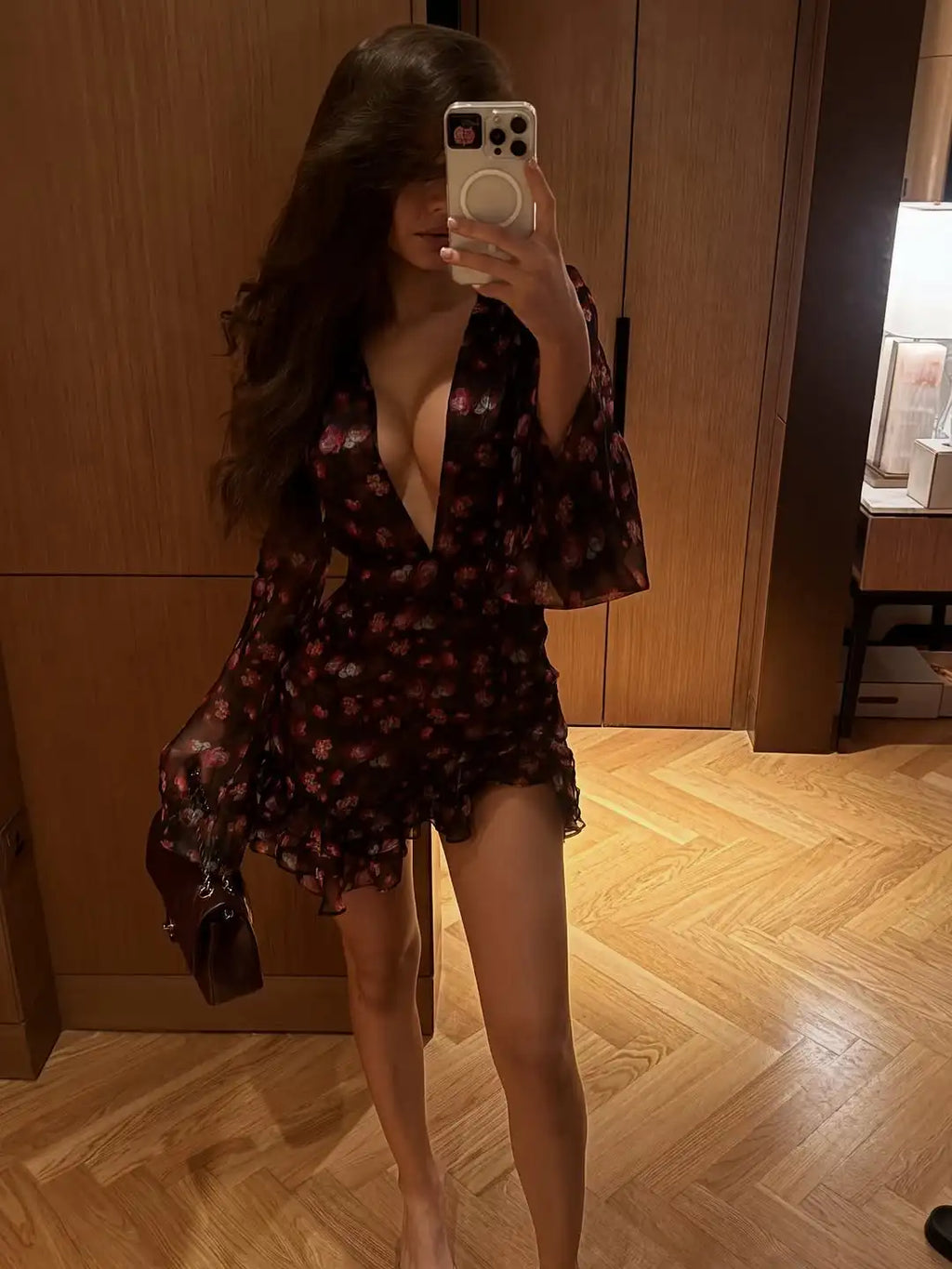 Flora Painted Ruffle Mini Dress Women Elegant Full Sleeve Deep V-neck Slim A-line Dresses 2026 Lady Holiday Street Outwear New