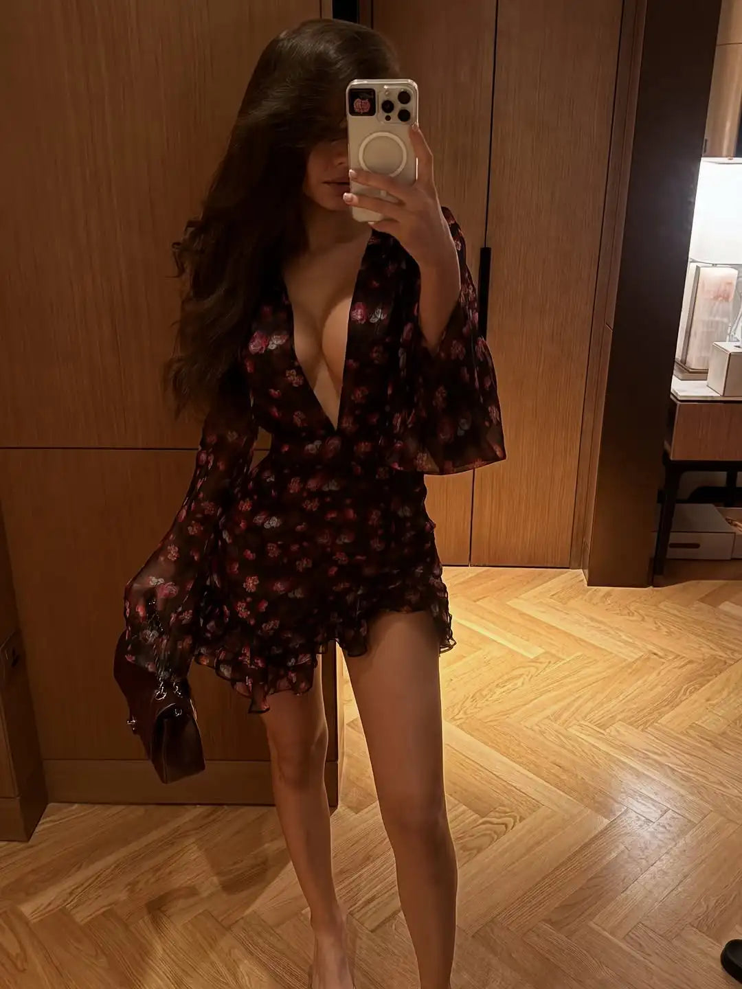 Flora Painted Ruffle Mini Dress Women Elegant Full Sleeve Deep V-neck Slim A-line Dresses 2026 Lady Holiday Street Outwear New