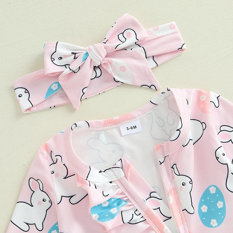 Toddler Girl 2Pcs Spring Outfits Short Sleeve Round Neck Floral Print Romper with Bow Headband Set Infant Clothing for Easter