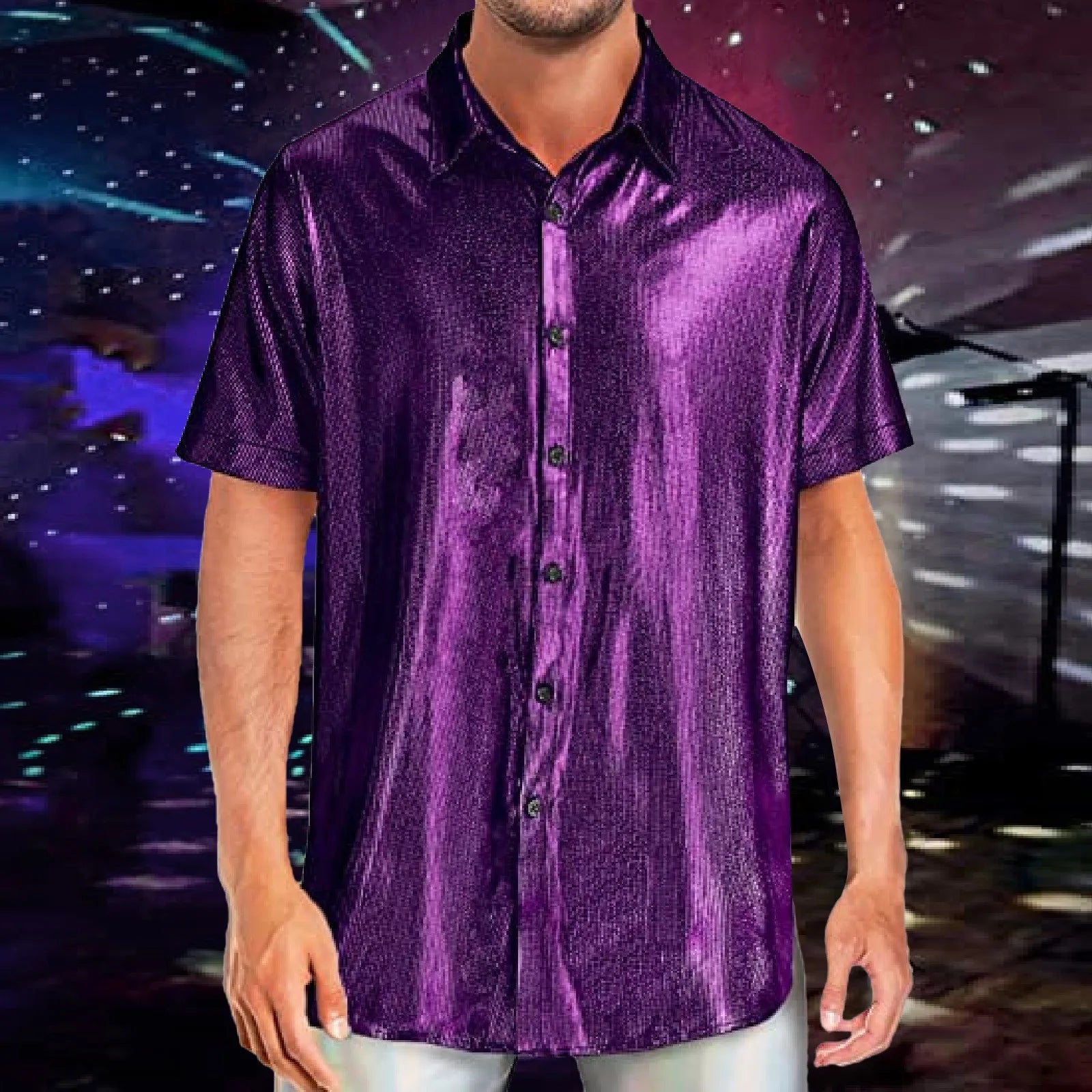 Mens Shiny Sequins Shirt Fashion Men's Performance Shirt Turn-Down Collar Short Sleeved Shirts For Club Party Disco Stage Show