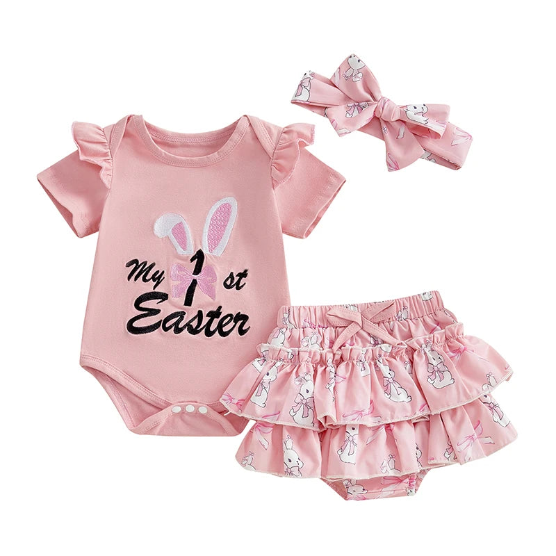 Adorable Toddler Easter Dress Floral Print Sleeveless Romper Ruffle Shorts Headband 3-Piece Outfit Set for Baby Girls