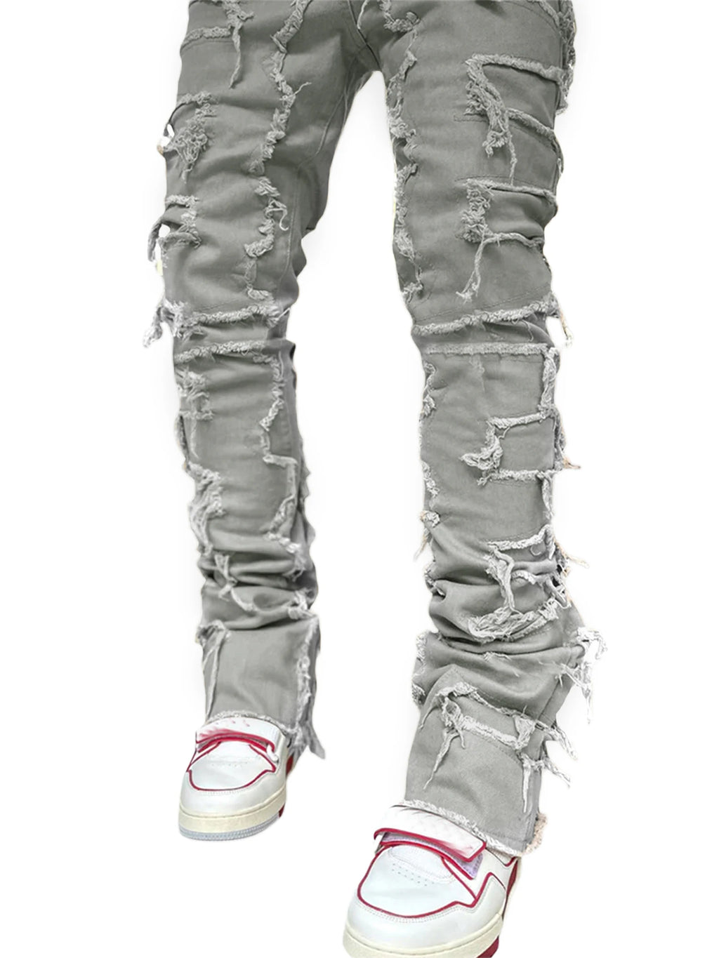 Men Skinny Pants Vintage Patch Frayed Denim Pants Spring Fall Casual Leggings Trousers with Pockets