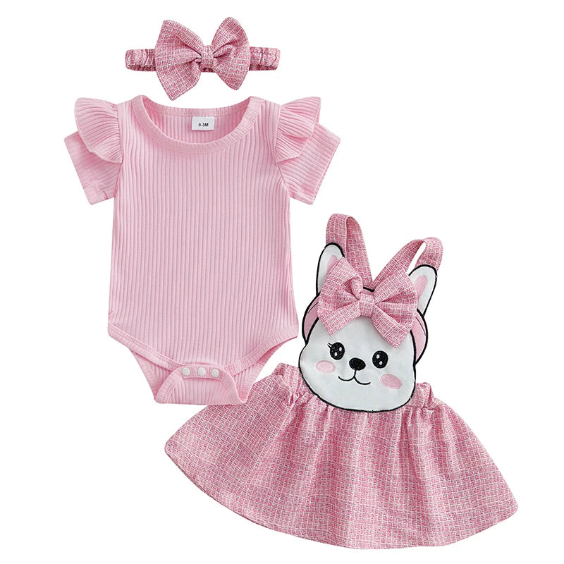 Toddler Girls 3-Piece Spring Outfits Short Sleeve Bodysuit Floral Skirt Headband Set Infant Clothes for Easter Party