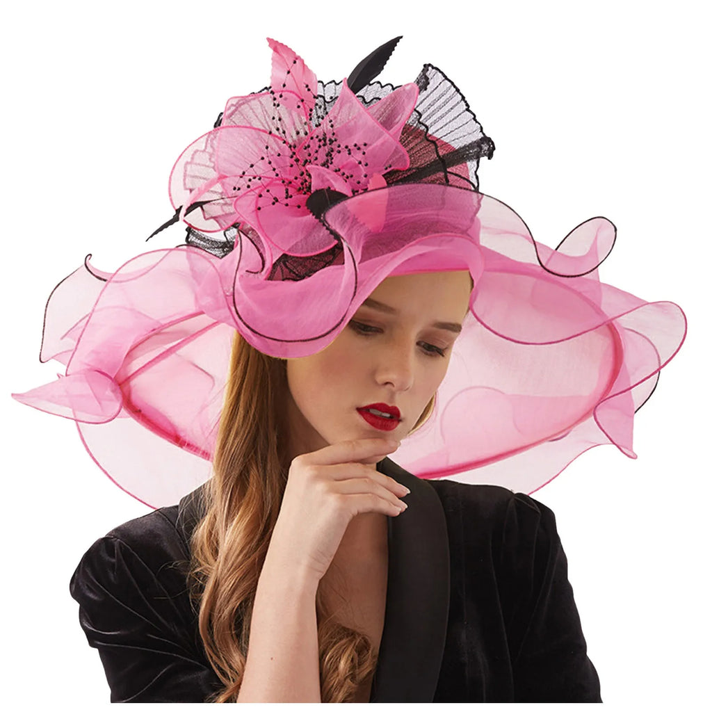Women Elegant Sun Hats Wide Brim Organza Fedoras Wedding Derby Tea Party Fascinator Hat Summer Floral Sunhats Ladies Beach Cap