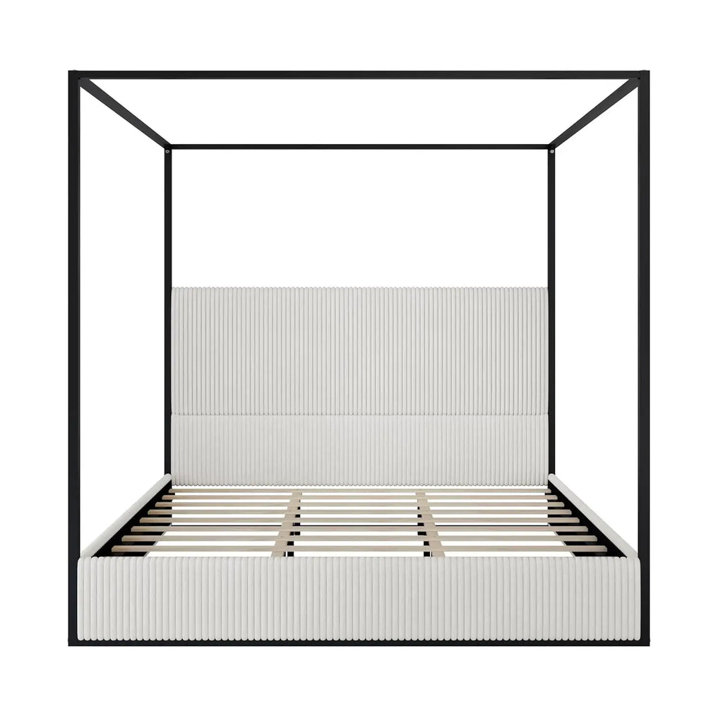 King Size Canopy Bed Frame, 4 Poster Metal Canopy Bed with Tall Upholstered Headboard, Corduroy Platform Bed, No Box Spring Need