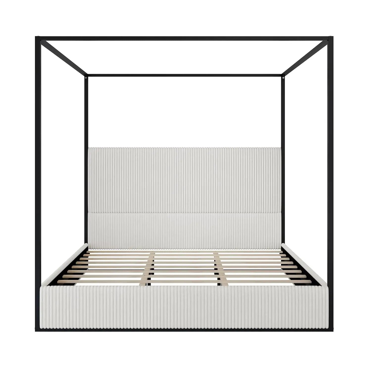 King Size Canopy Bed Frame, 4 Poster Metal Canopy Bed with Tall Upholstered Headboard, Corduroy Platform Bed, No Box Spring Need