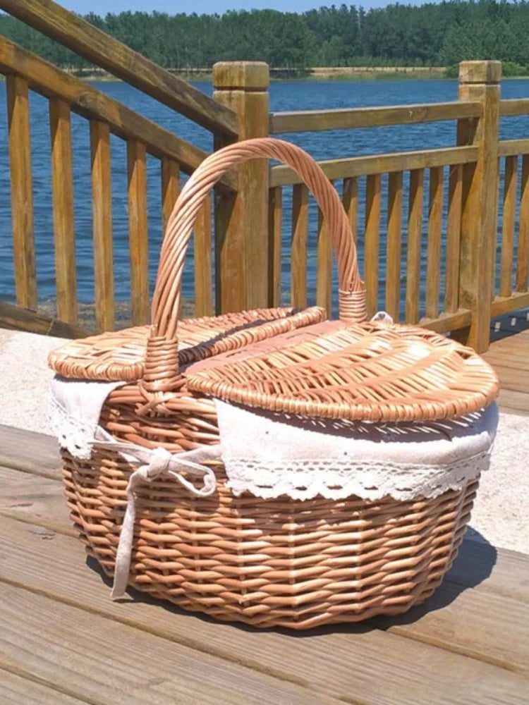 Picnic Fruit Storage Basket Easter Household Snack Container Wicker Basket with Lid Multi-function Wicker Basket Home Supply