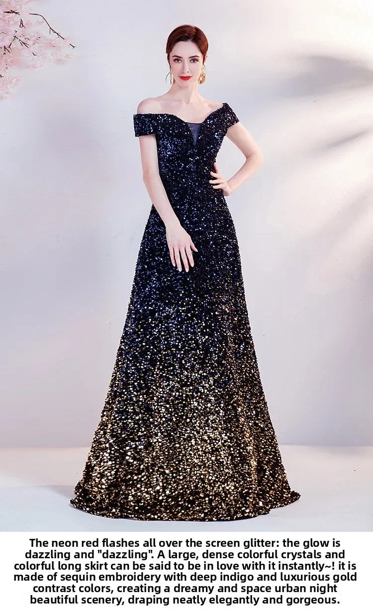 One Shoulder Evening Gown New Gradient Black Annual Party Stage Performance Host Walking Fish Tail Dress for Women 2026