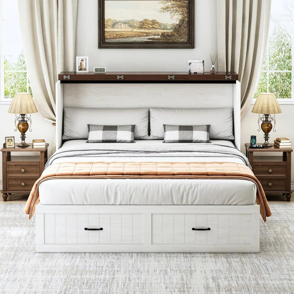 Queen Murphy Bed with Storage & Charging Station, Farmhouse Murphy Cabinet Bed with Large Drawer, Hideaway Foldable Platform Bed