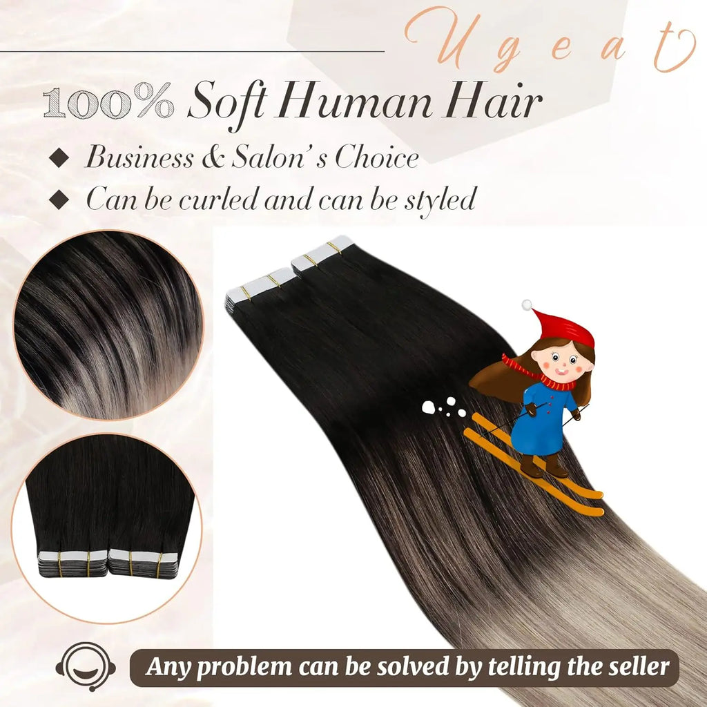 Ugeat Tape in Hair Extensions Balayage Natural Black to Ash Blonde Tape in Hair Extensions Platinum Blonde Tape in Hair for Wome