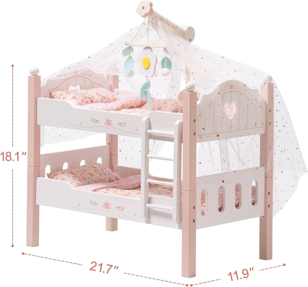 Robotime Robud Baby Doll Bunk Beds for 18 inch Dolls American Girl Doll Furniture Toy with Bedding Pink Wood 2pcs Beds