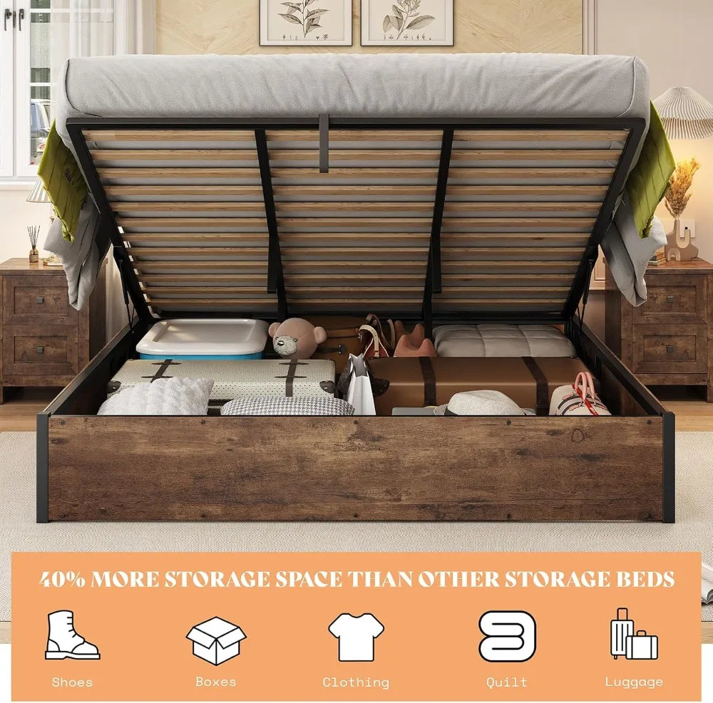 Lift Up Storage Bed, Queen Bed Frame with Storage Underneath, Wooden Platform Bed Frame, Solid Wood Slats Support