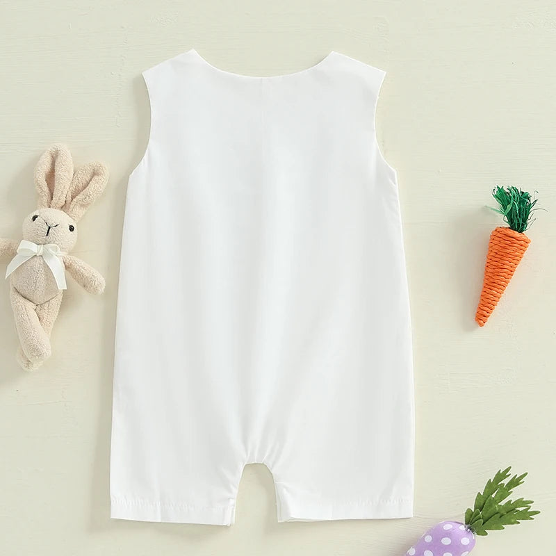 Infant Easter  Adorable Sleeveless Round Neck Rabbit Embroidered Loose Fit Romper Baby Jumpsuit Toddler Outfit for Spring