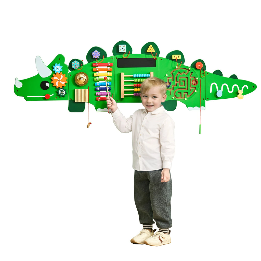 SucceBuy Dinosaur Kids Busy Wall Board 11 Activity Panels Montessori Sensory Learning Toys for 3-12 Toddler Playroom Toy Gift