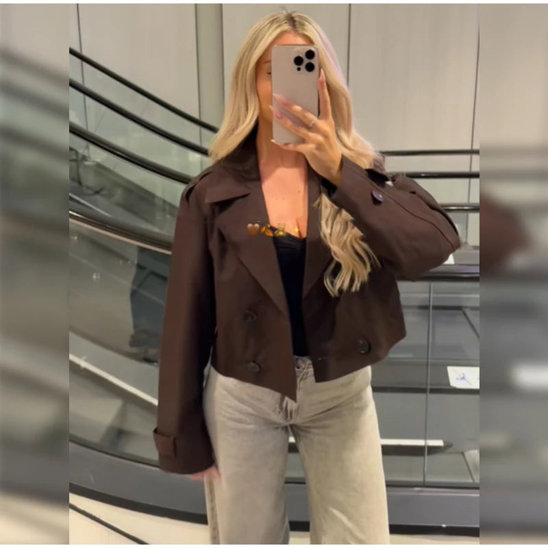 Solid Double-breasted Short Windbreaker Women Fashion Lapel Long Sleeve Slim Thin Jackets 2025 Autumn Female High Street Outwear