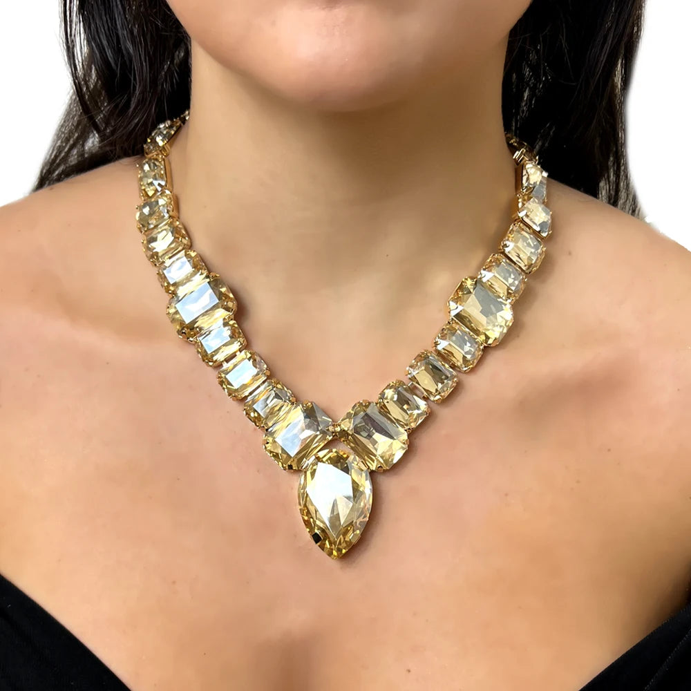 Stonefans Crystal V Shape Necklace Large Accessories for Women Drag Statement Collar Rhinestone Square Necklace Bling Jewelry