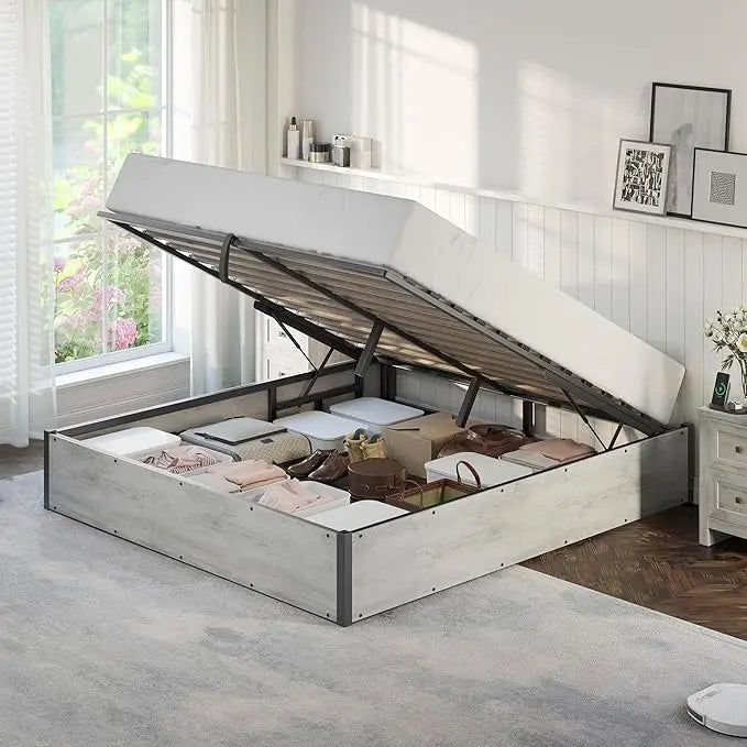 Lift Up Storage Bed, Queen Bed Frame with Storage Underneath, Wooden Platform Bed Frame, Solid Wood Slats Support