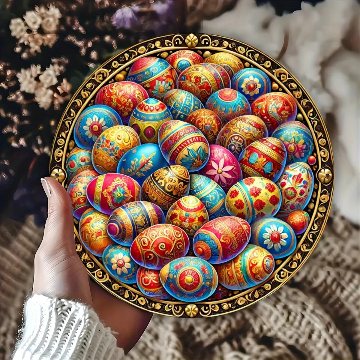 Easter Egg Aluminum Foil Engraved Art Plate, Round Resin Wreath Decor, Metal Embossed Ornament for Home & Dorm - Pack of 1