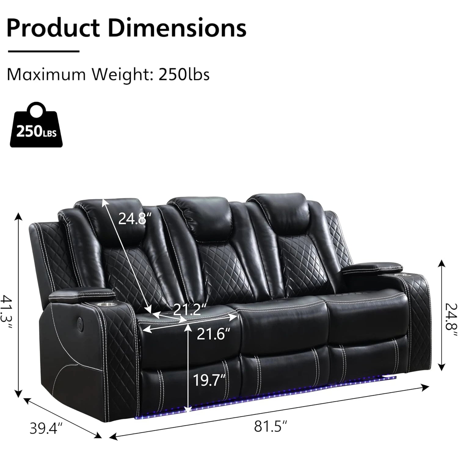 TODRANI Power Reclining Sofa 0 Gravity w/ Wireless Charger,LED Floor Lights,Reading Light, Drop-down Table USB/Type-C Port(070)