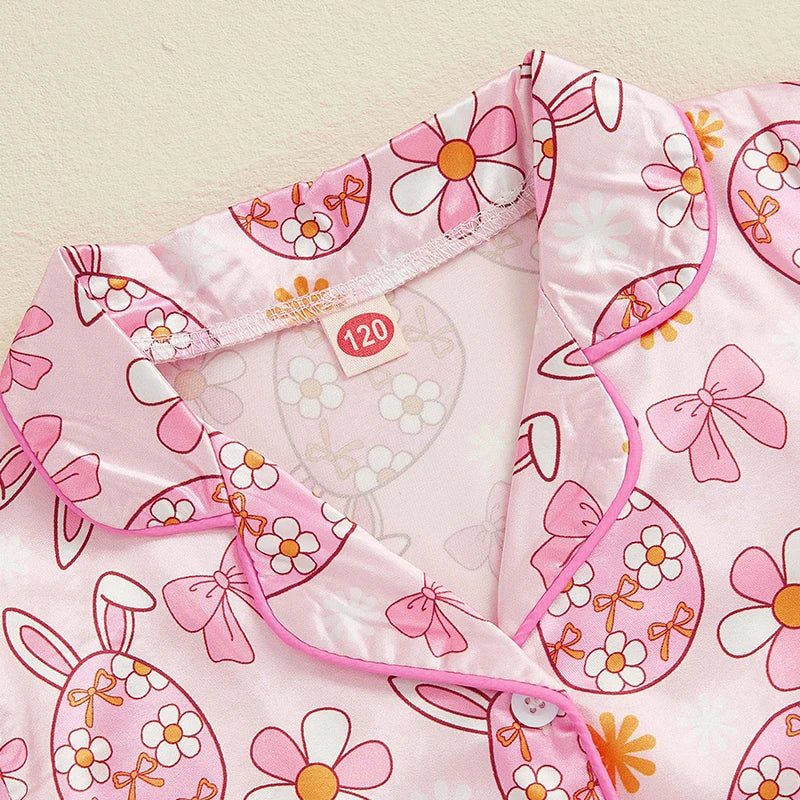 Adorable Toddler Girl Easter Pajamas Set with Egg and Floral Print Short Sleeve Lapel Tops and Elastic Waist Shorts Sleepwear