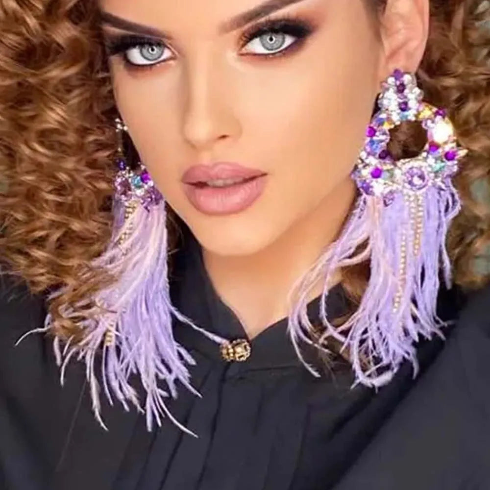 Stonefans Designer Oversize Feather Purple Geometric Earrings Bridal New Large Rhinestone Earrings Accessories Wedding Jewelry