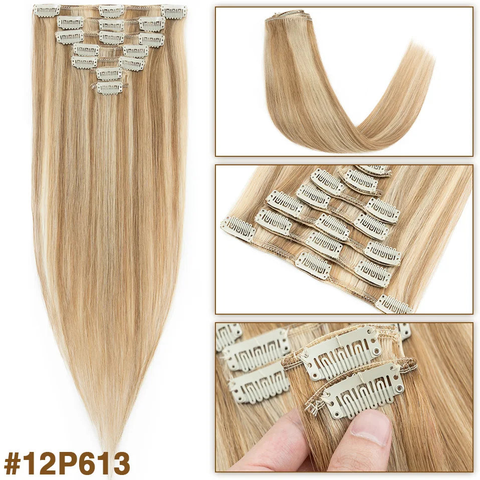 S-noilite 65g Clip In Hair Extensions Human Hair Natural Extension Hair Clips 7Pcs/Set 15"-22" Full Head Clip In Natural Hair
