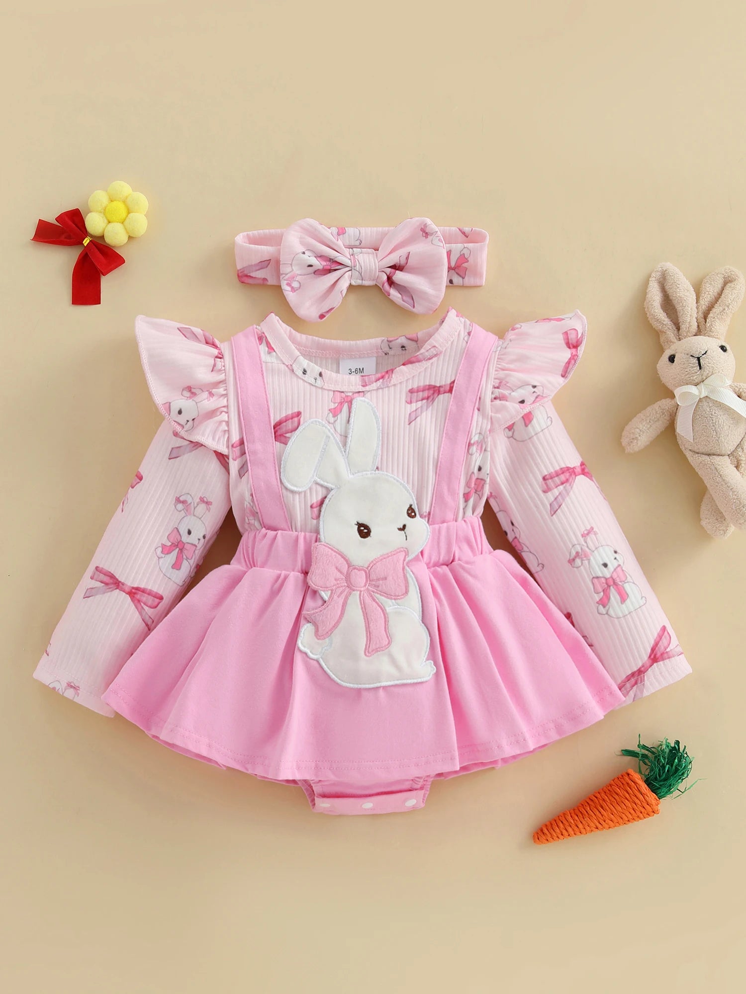 Adorable Baby Girls Easter Outfit Set with Bunny Embroidery Romper Dress Skirt Bodysuit Jumpsuit and Headband