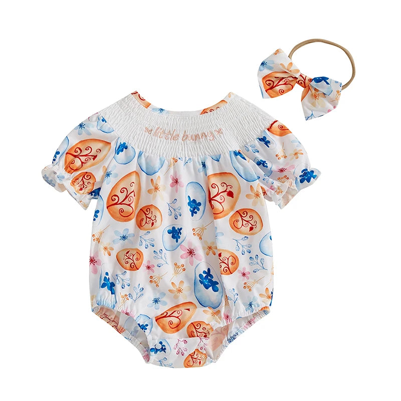 Adorable Infant Easter Jumpsuit with Cute Bunny Embroidery Short Sleeves Round Neck and Matching Bow Headband