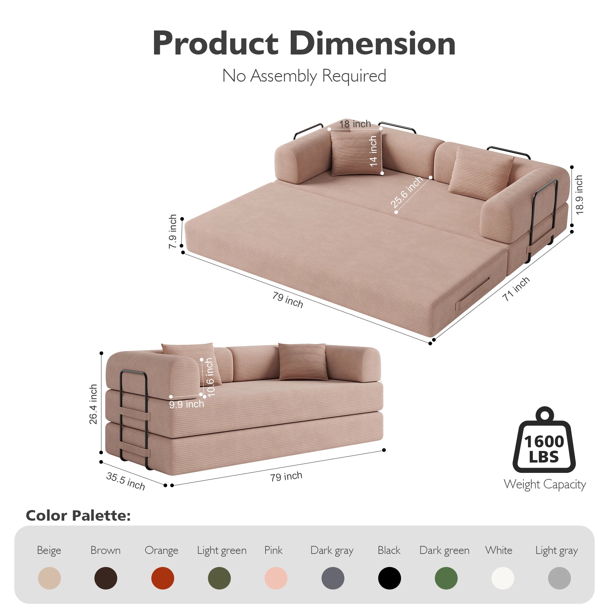 Convertible Floor Sofa Bed with Fixed-Shape Frame,  5-in-1 DIY Combination Modular Sofa,  for Living Room Bedroom Playroom
