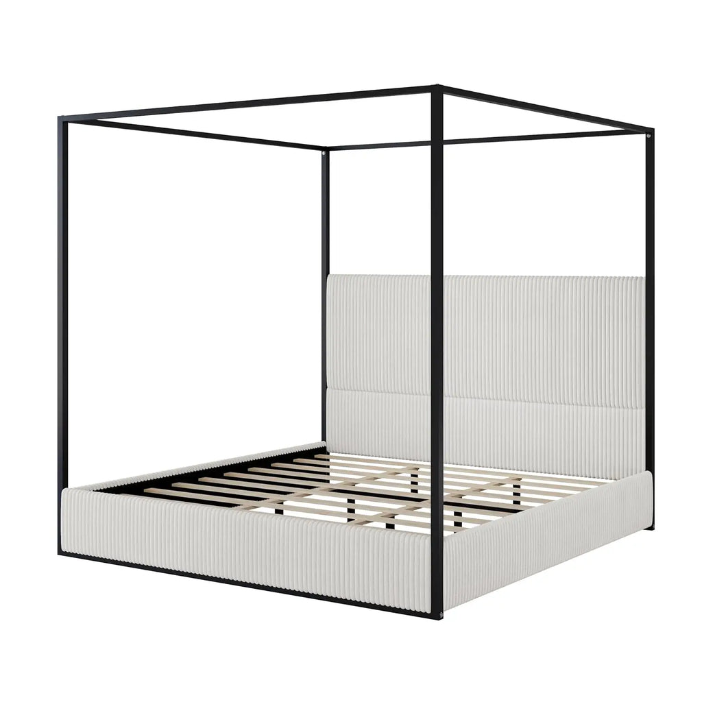 King Size Canopy Bed Frame, 4 Poster Metal Canopy Bed with Tall Upholstered Headboard, Corduroy Platform Bed, No Box Spring Need