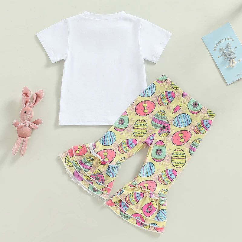 Easter Outfits Set Bunny Print Short Sleeve T-Shirts and Carrot Print Pants 2Pcs Sets for Toddler Kids Easter Party Wear