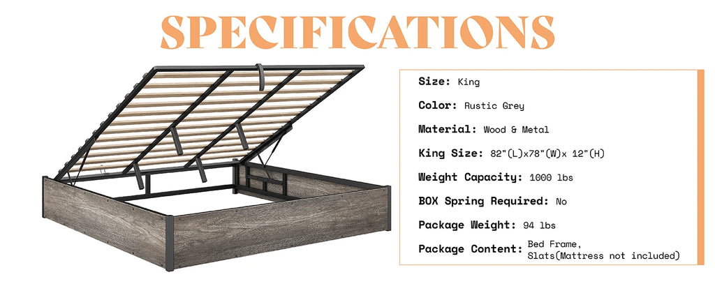Lift Up Storage Bed, Queen Bed Frame with Storage Underneath, Wooden Platform Bed Frame, Solid Wood Slats Support