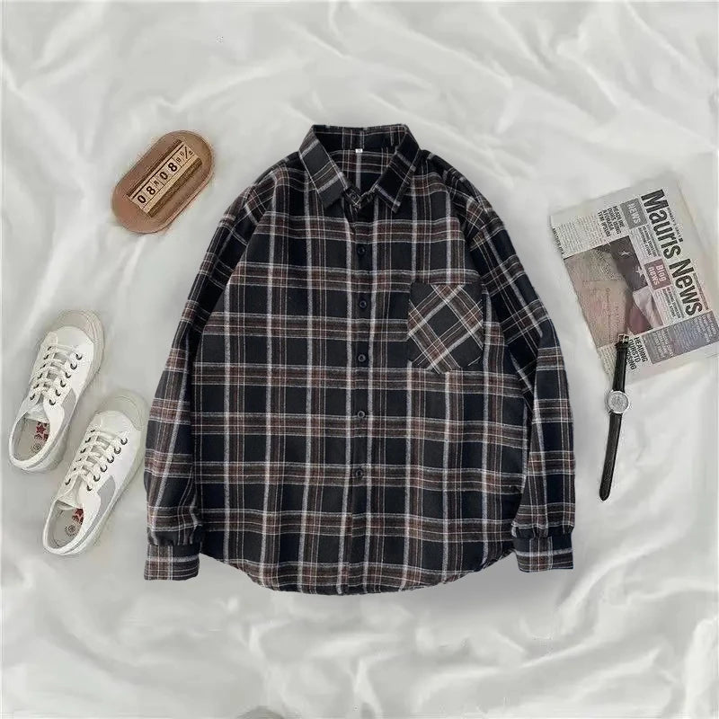 MEXZT Vintage Oversized Plaid Shirts Women Streetwear Long Sleeve Blouses Harajuku Korean Pocket Loose Casual All Match Tops New
