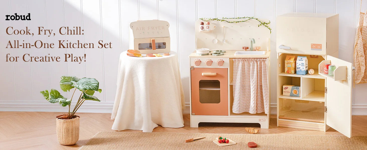ROBOTIME ROBUD Play Kitchen Wooden Pretend Play Refrigerator Accessories Set for Boys Girls Children Ages 3+