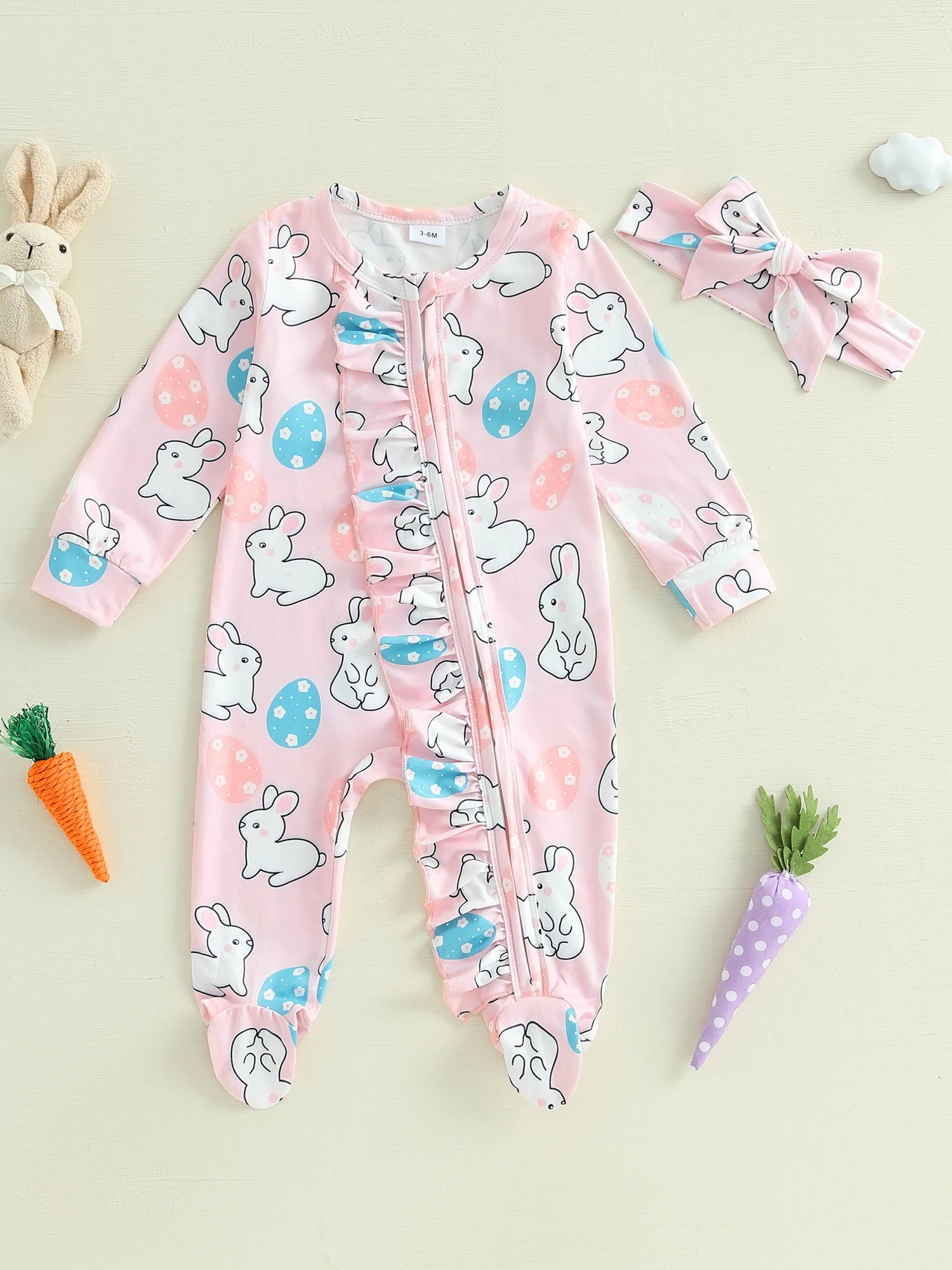 Toddler Girl 2Pcs Spring Outfits Short Sleeve Round Neck Floral Print Romper with Bow Headband Set Infant Clothing for Easter
