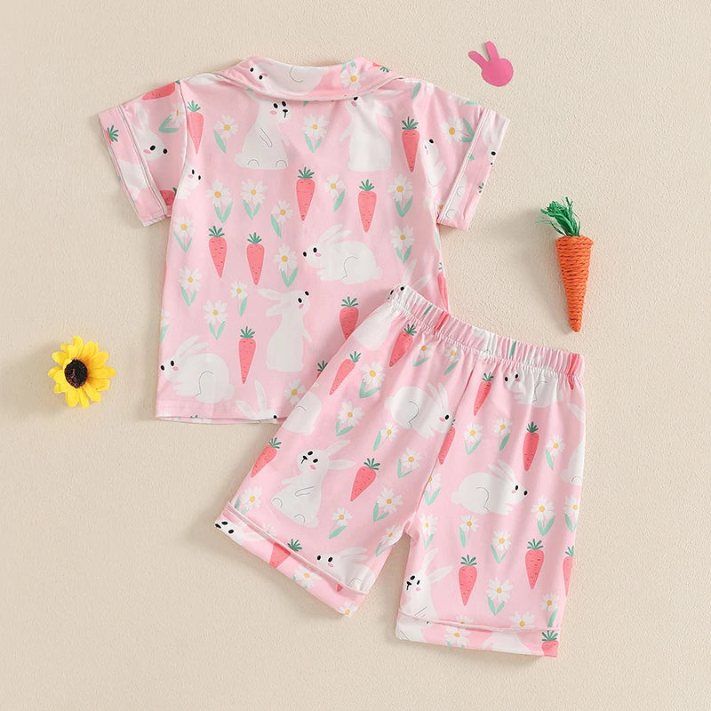 Adorable Toddler Girls Easter Bunny Pajama Set with Short Sleeve Top and Shorts for Spring Summer Loungewear - 2 Piece Set