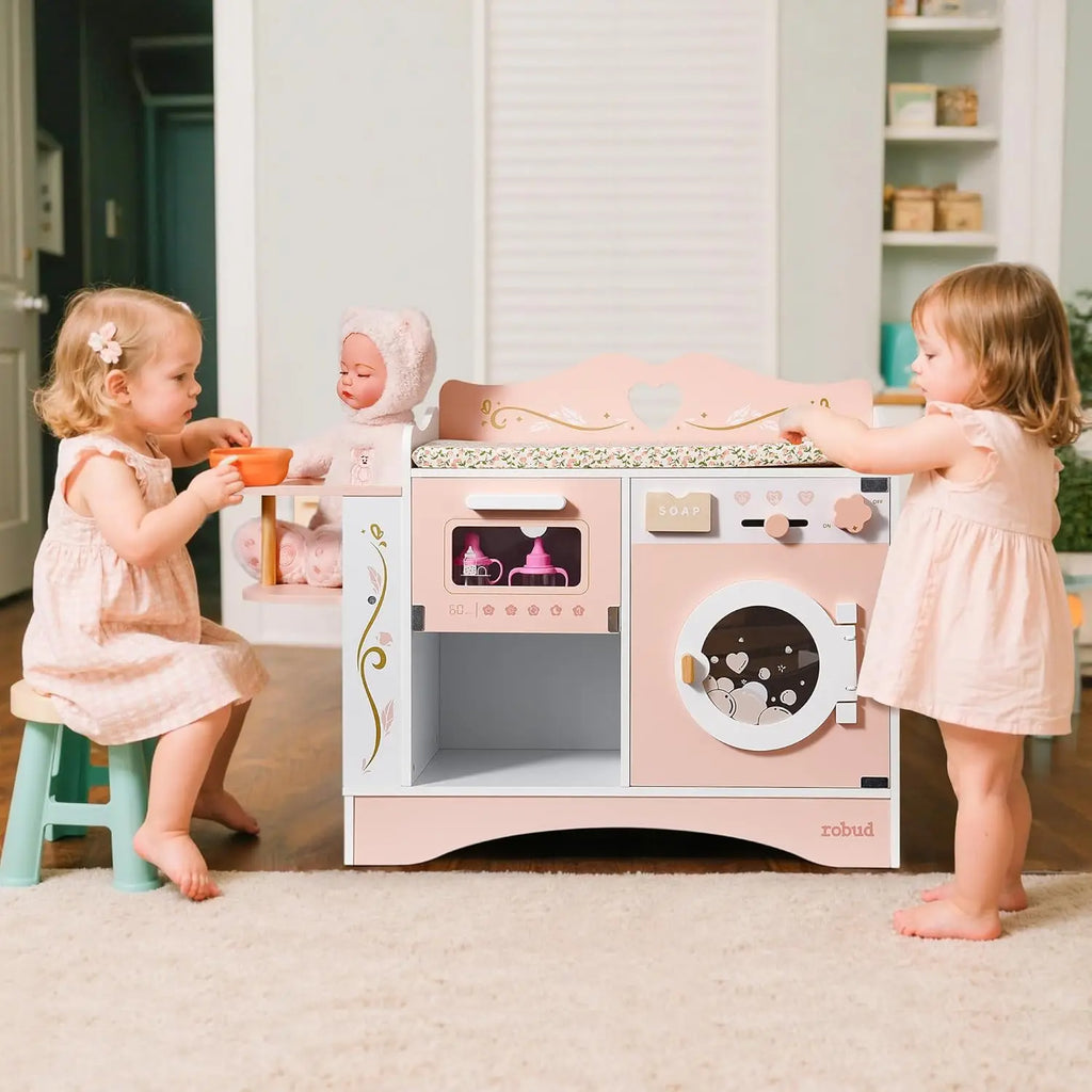 Robud Wooden 6-in-1 Baby Doll Changing Table with Baby Doll Crib Washing Machine Bottle Sterilizer Storage Area for Kids in Pink