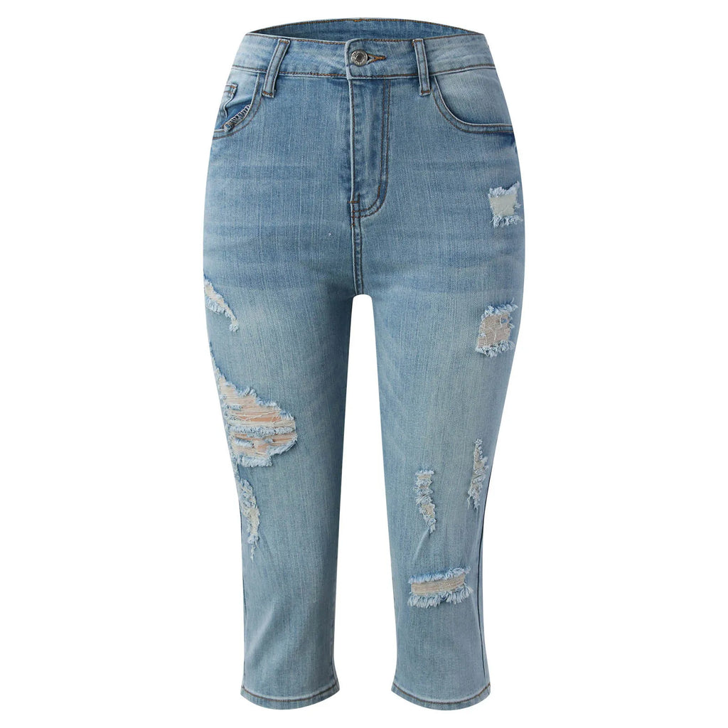 Women Casual Jean Pants Simple Fashion Ripped Make Old High Waist Belt Slim Fit Look Thin Cropped Jeans Trousers With Pocket