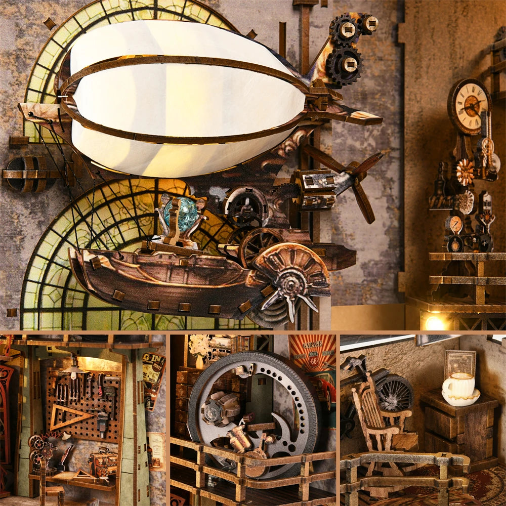Book Nook Kit Maker's Workshop DIY Wooden Puzzle Balloon Studio Ship Bookshelf Dollhouse Model Bookend Building Home Deco